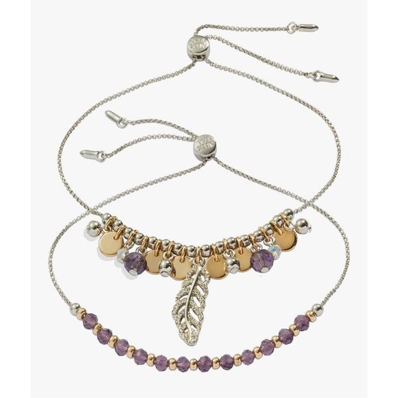 Alex and Ani Feather Bolo Bracelet Two Tone Purple slider GIFT SET NEW - Picture 3 of 5